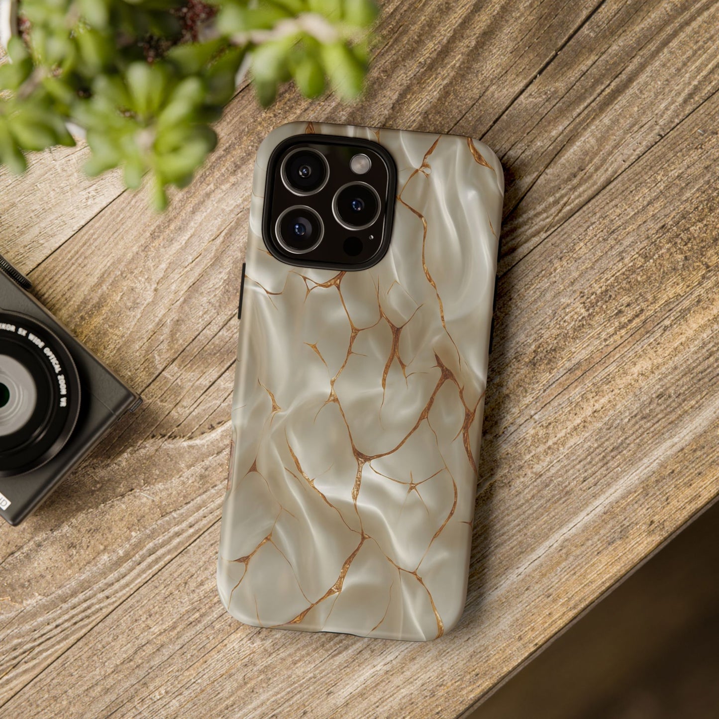 BZN Marbled Pearl Tough Phone Case — Luxury Gold Vein Protective Cover